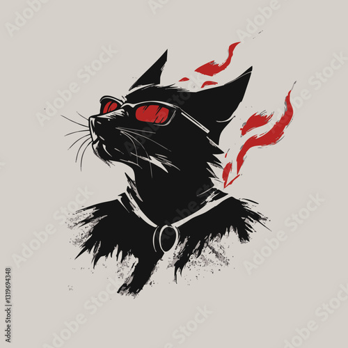 Mysterious black cat with red sunglasses and flames, dark fantasy art