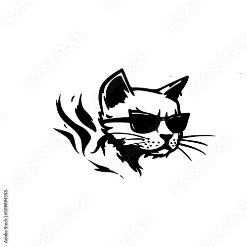 Cool flaming cat with sunglasses, edgy hand-drawn illustration
