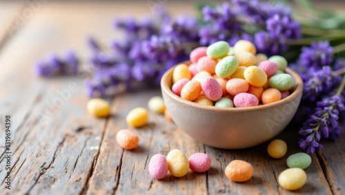 Colorful dye-free candy beads scattered on wooden surface with lavender sprigs.