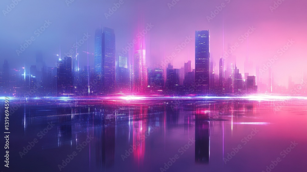 Fototapeta premium Vibrant futuristic neon cityscape reflected on water at night