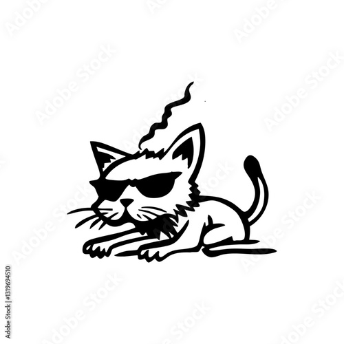 Cool flaming cat with sunglasses, edgy hand-drawn illustration
