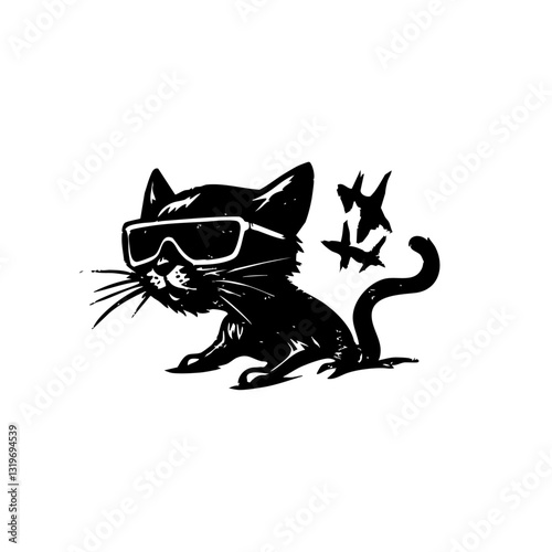 Cool flaming cat with sunglasses, edgy hand-drawn illustration