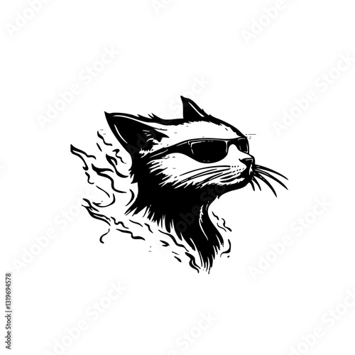 Cool flaming cat with sunglasses, edgy hand-drawn illustration