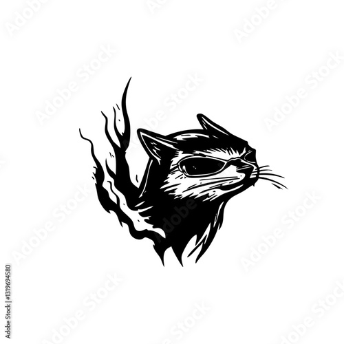Cool flaming cat with sunglasses, edgy hand-drawn illustration