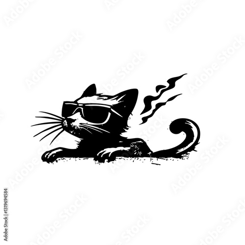 Cool flaming cat with sunglasses, edgy hand-drawn illustration