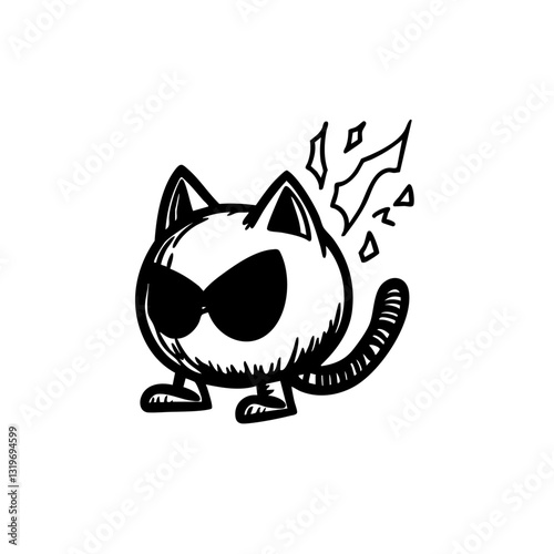 Cool flaming cat with sunglasses, edgy hand-drawn illustration