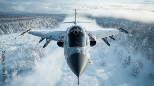 A fighter jet gracefully flies over a stunning winter landscape, showcasing the contrast between advanced technology and the pristine beauty of nature's snow-covered terrain.