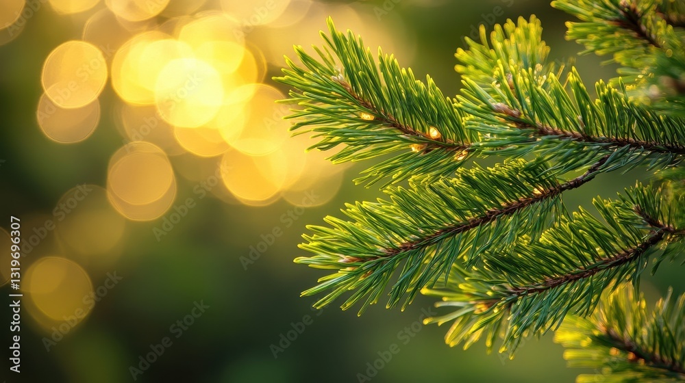 Close-up of evergreen pine branch with golden bokeh background