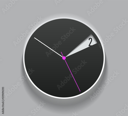 Simple light creative clock in realistic flat style, with arrow and with a niche for numbers. Time on white background. Business watch. Vector design element for you project