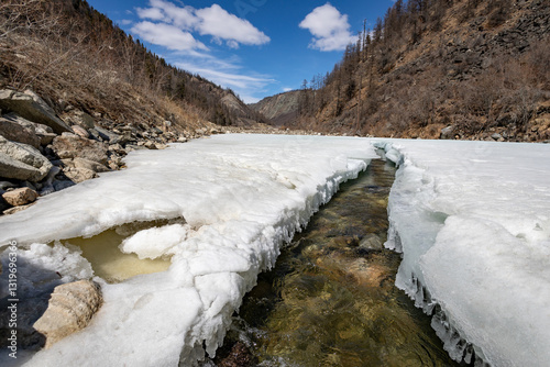 melted ice on a clear mountain river in spring
