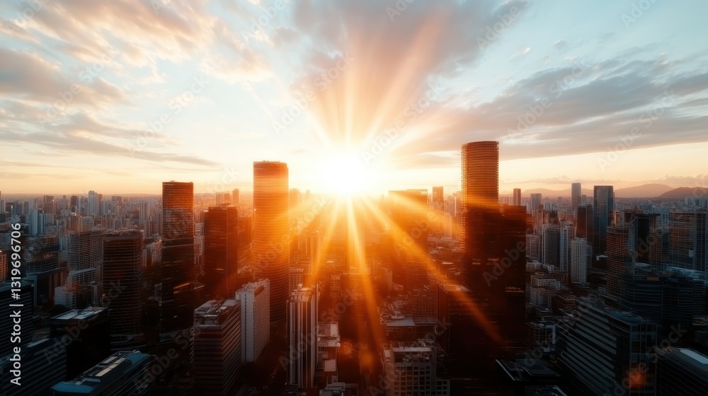 Fototapeta premium A breathtaking sunrise illuminates the cityscape, casting warm hues over towering skyscrapers, creating a stunning visual experience that signifies new beginnings.