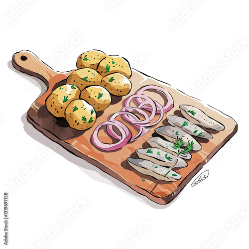 Watercolor Illustration of Scandinavian Herring with Potatoes and Red Onion