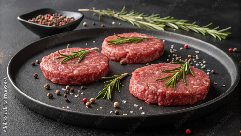 Raw Beef Patties with Herbs and Pepper on a Black Plate, Ready for Grilling Raw Beef Patties with Herbs and Pepper on a Black Plate, Ready for Grilling