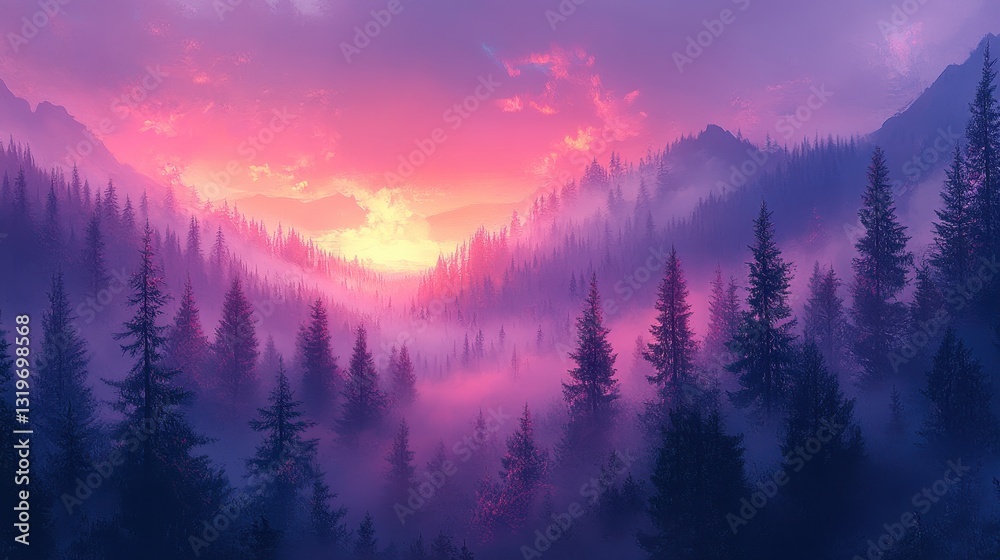 Obraz premium Stunning sunrise over misty forested mountains with vibrant colors and pine trees