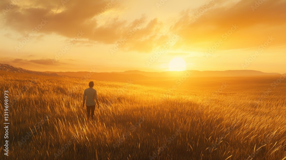 Fototapeta premium Golden Wheat Field at Sunset A Farmer's Touch, wheat, field, farmer 