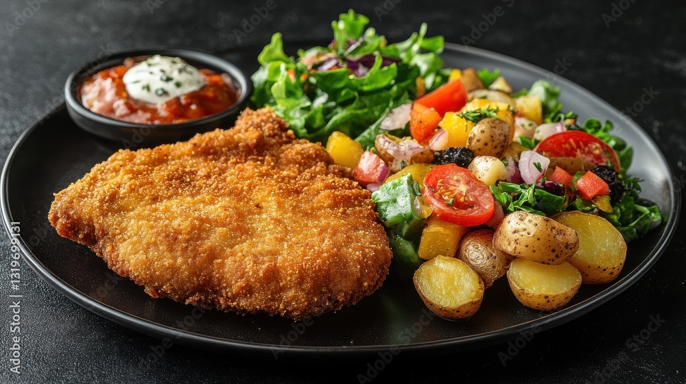 Breaded fried pork chop, fried potatoes and vegetable salad on black table Breaded fried pork chop, fried potatoes and vegetable salad on black table