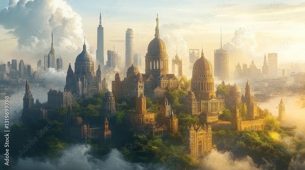 Fototapeta premium Majestic fantasy cityscape with towers and domes amidst clouds