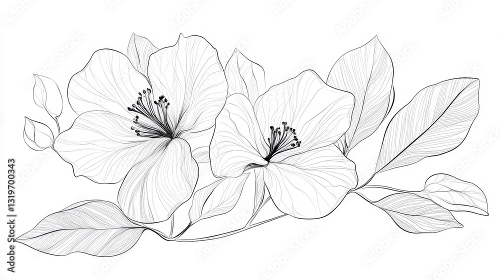 Fototapeta premium Botanical arts. Hand drawn continuous line drawing of abstract flower, floral, rose, tropical leaves, spring and autumn leaf, bouquet of olives. Vector illustration.