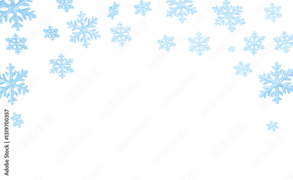 3d snowfall frame with falling snowflakes render. Snow flakes flying in air on white background. Winter banner with border of blue ice crystals. Christmas and New Year nature pattern 3d snowfall frame with falling snowflakes render. Snow flakes flying in air on white background. Winter banner with border of blue ice crystals. Christmas and New Year nature pattern