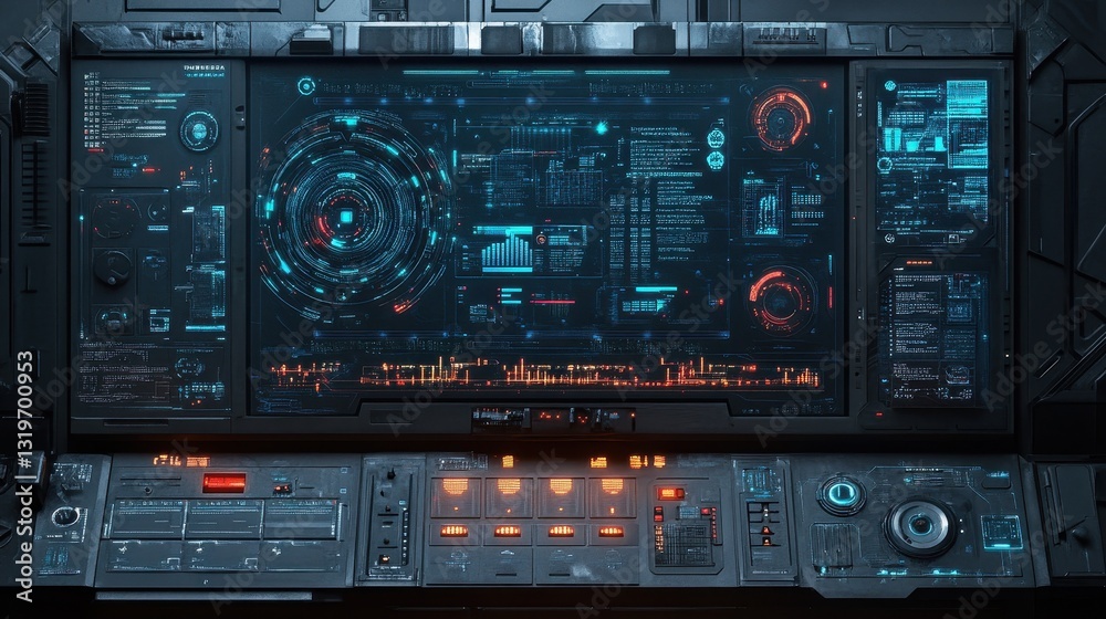 Fototapeta premium Futuristic digital control panel with interactive holographic interface display