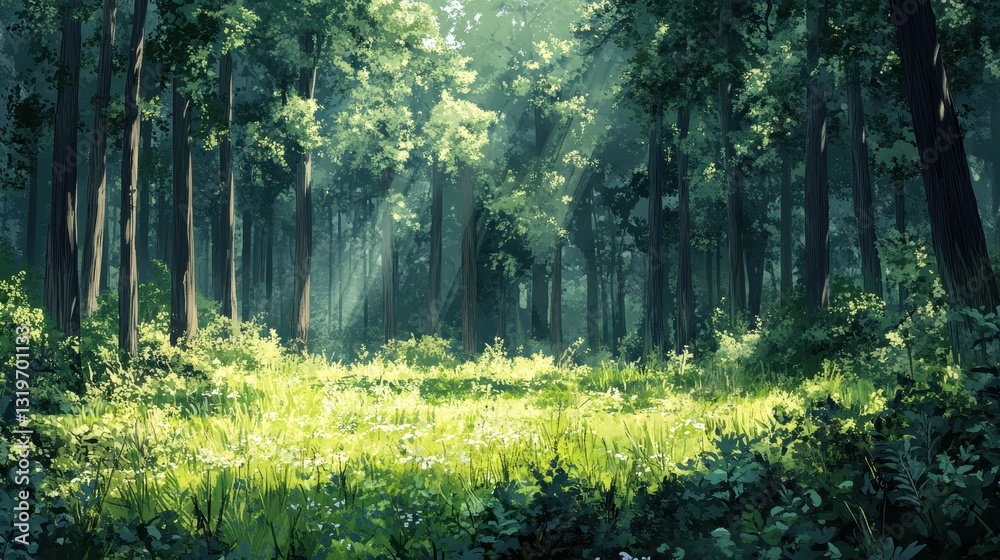 Fototapeta premium Sunlit forest clearing with lush greenery in serene woodland