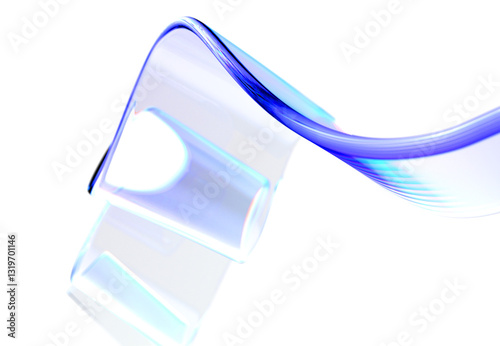 3d glass abstract liquid transparent ribbon chromatic fold wave line render. Fluid flow curve shape with holographic gradient texture, iridescent effect. Flying glossy design element
