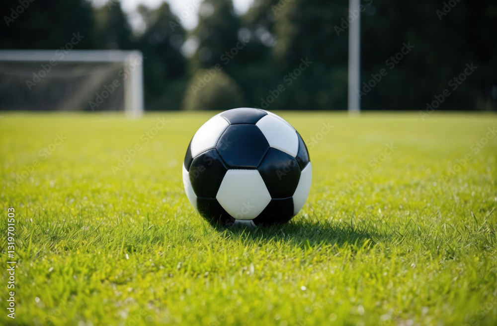 Fototapeta premium soccer ball resting on vibrant, lush green sports grass, creating a classic and energetic image of the game.