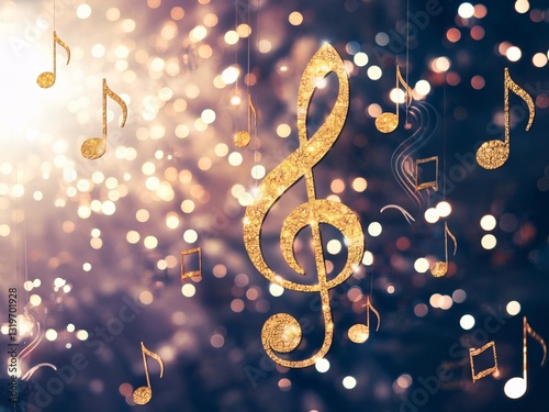Golden musical notes floating amidst shimmering lights create a festive and joyful atmosphere.