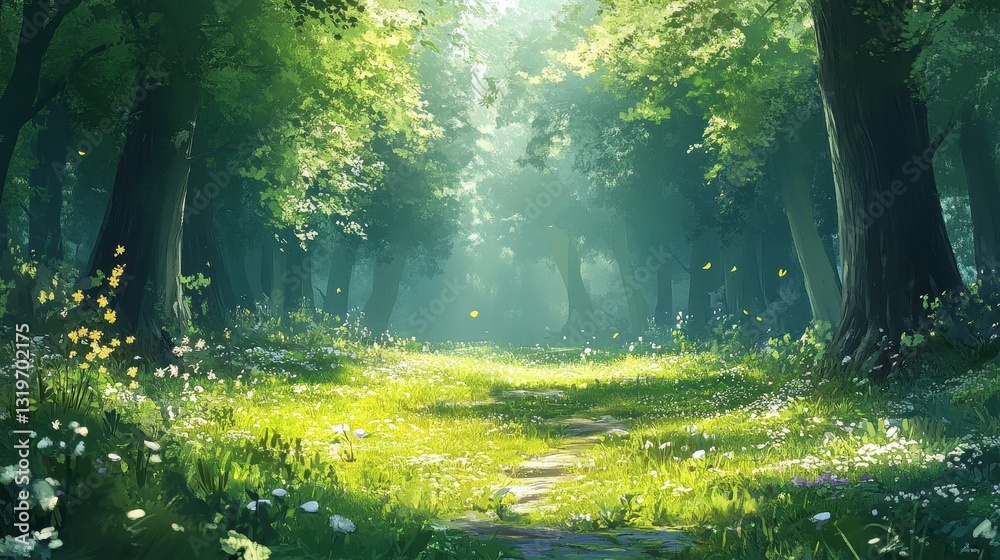 Obraz premium Lush sunlit forest pathway with verdant trees and blooming wildflowers