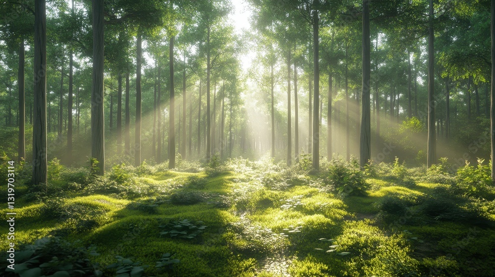 Obraz premium Sunlit forest with tall trees and lush greenery