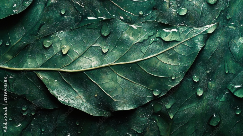 Fototapeta premium Close-up of green leaves with water droplets in a refreshing natural setting