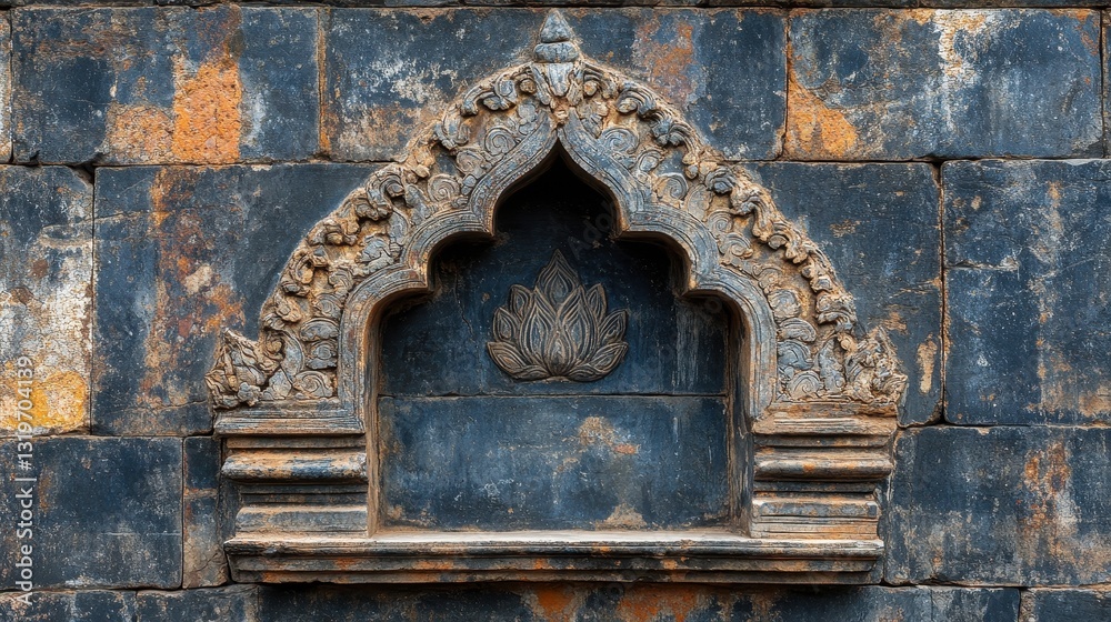 Ancient stone carving with ornate lotus motif on weathered wall Ancient stone carving with ornate lotus motif on weathered wall