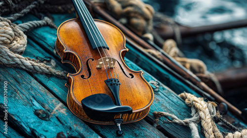 A nautical-themed product photo featuring a violin, representing the connection between spring, April, and music