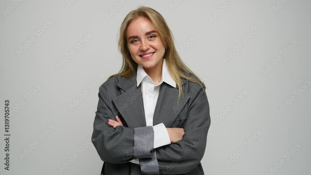 A young woman exudes confidence with a smile while wearing a stylish suit in a bright space. A young woman exudes confidence with a smile while wearing a stylish suit in a bright space.