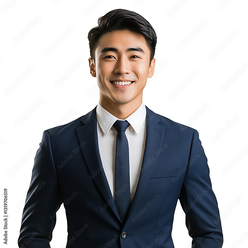 Confident Professional: A handsome Asian businessman in a navy suit, radiating confidence with a warm smile, embodies the essence of a modern business professional. Confident Professional: A handsome Asian businessman in a navy suit, radiating confidence with a warm smile, embodies the essence of a modern business professional.