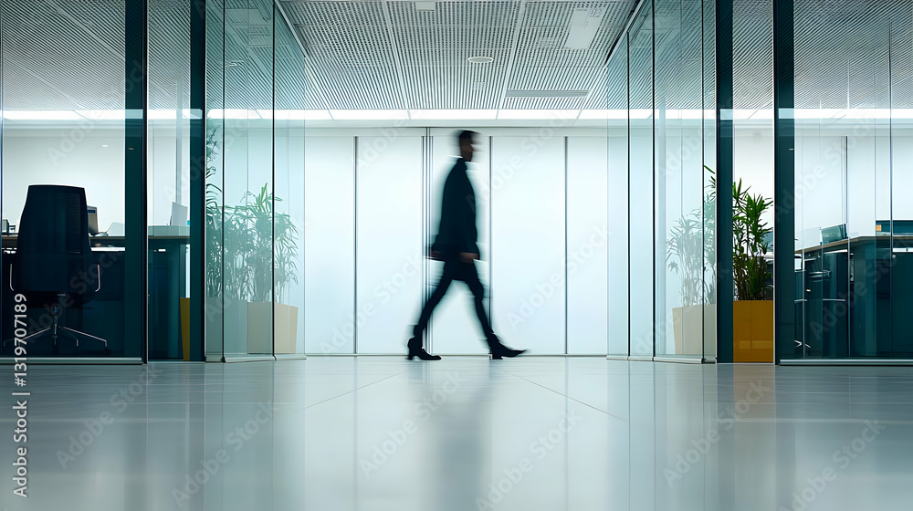 Businessman In A Blurred Motion Walking Through A Modern Office With Glass Walls And Plants Reflecting Urban City Lights Businessman In A Blurred Motion Walking Through A Modern Office With Glass Walls And Plants Reflecting Urban City Lights