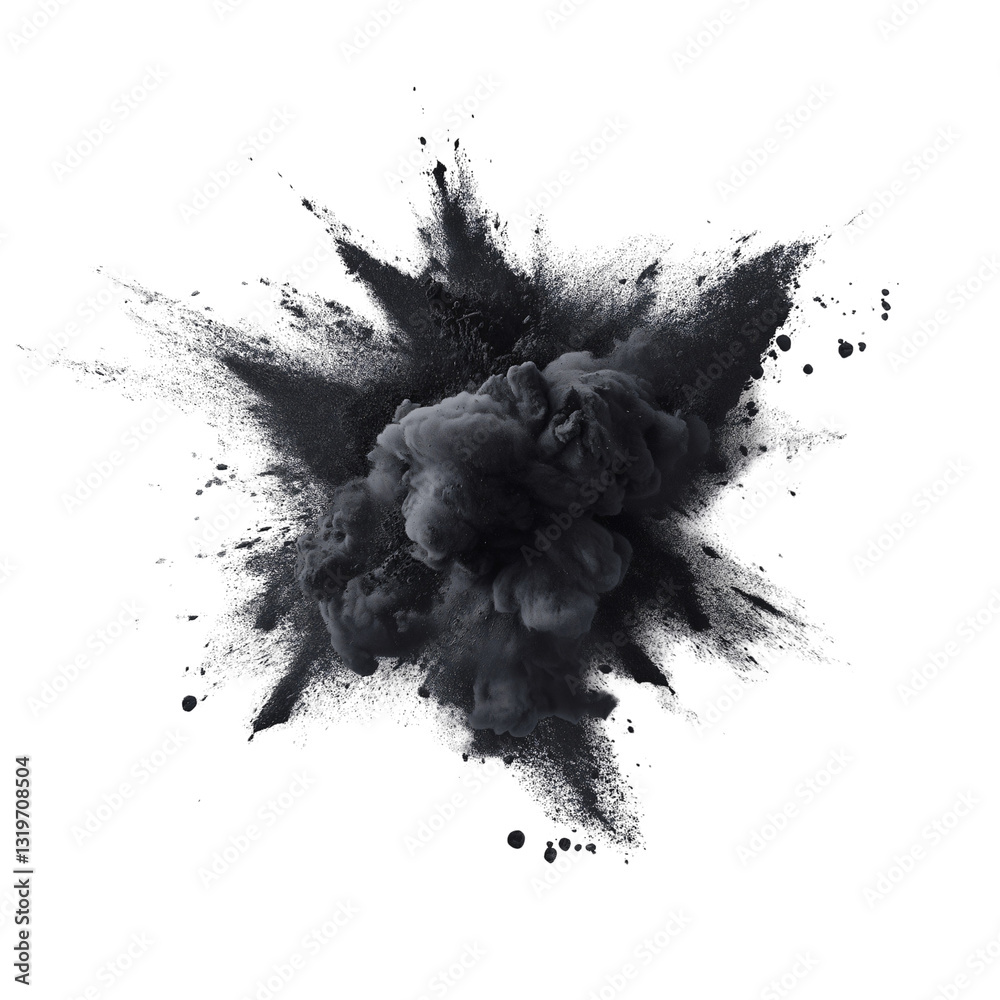 Dark powder explosion creates striking patterns against a white background in a creative artistic display Dark powder explosion creates striking patterns against a white background in a creative artistic display