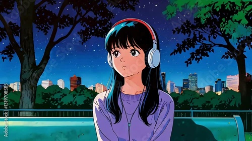 Lofi animation. Seamless loop. Girl listening music watching sky, anime girl lofi animation Assets were created with the help of an AI and then were manually modified and animated.