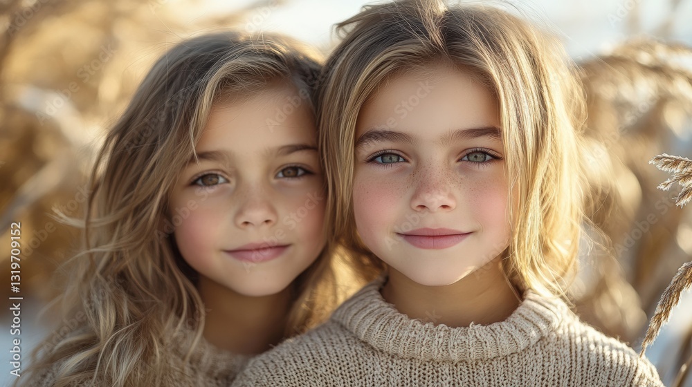 Captivating portrait of two sisters nature outdoors Captivating portrait of two sisters nature outdoors