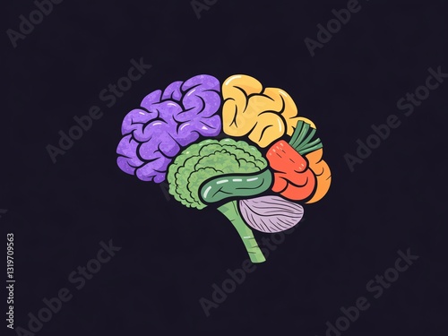 Illustration of a colorful brain with sections representing fruits and vegetables