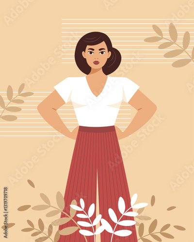 Confident woman on floral background. Equality and feminism concept. Flat style illustration.