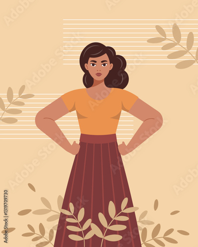 Confident woman on floral background. Equality and feminism concept. Flat style illustration.