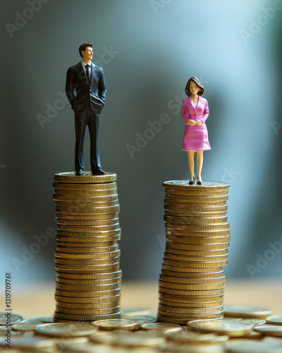 Gender Pay Gap Concept with Miniature Figures on Stacks of Coins

