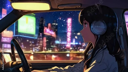 Lofi animation. Seamless loop. Girl listening music watching sky, anime girl lofi animation Assets were created with the help of an AI and then were manually modified and animated.