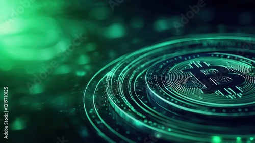 Active Investment in Cryptocurrency: Close-Up of Bitcoin Symbol with Digital Waves and Green Light, Representing Cryptocurrency and Blockchain Technology.