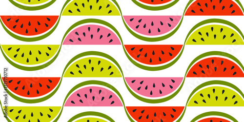 Seamless summer watermelon pattern with colorful red, pink yellow and green fruit slices fresh, juicy and bright vector background for seasonal and tropical designs