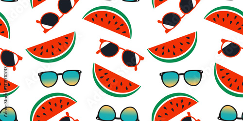 Seamless summer pattern with watermelon slices and sunglasses, bright colors on white background, fun tropical design, vector texture for textiles and print