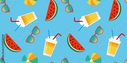 Seamless summer pattern with watermelon slices, cocktail drinks and sunglasses, light blue background, fun tropical design, vector texture for textiles and print