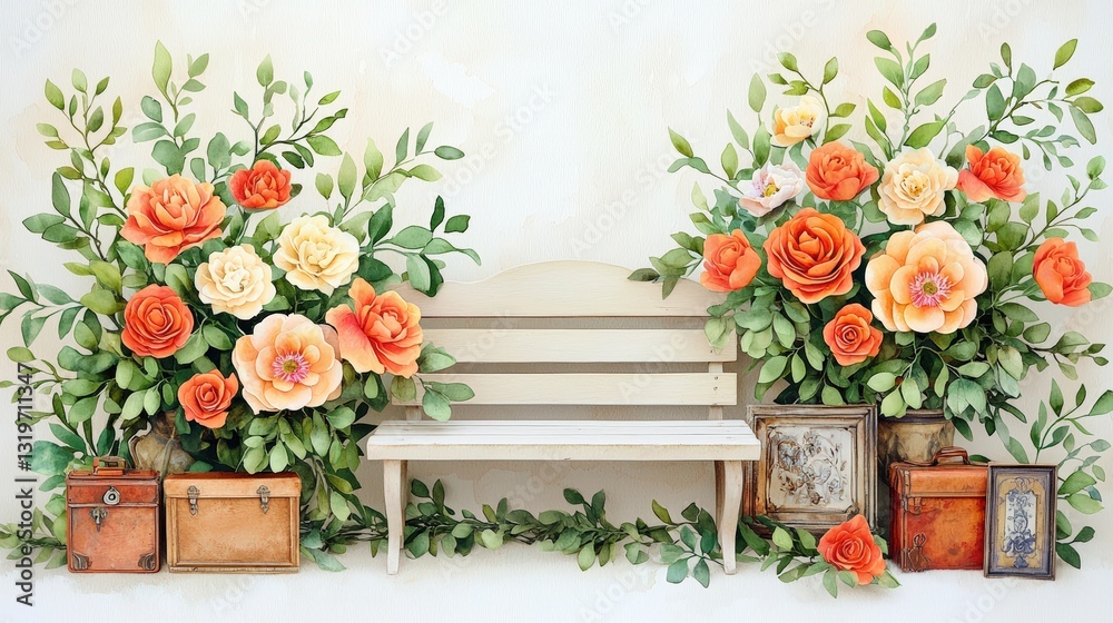Fototapeta premium Synthetic flowers bloom vibrantly around a vintage bench, creating a serene and nostalgic garden atmosphere