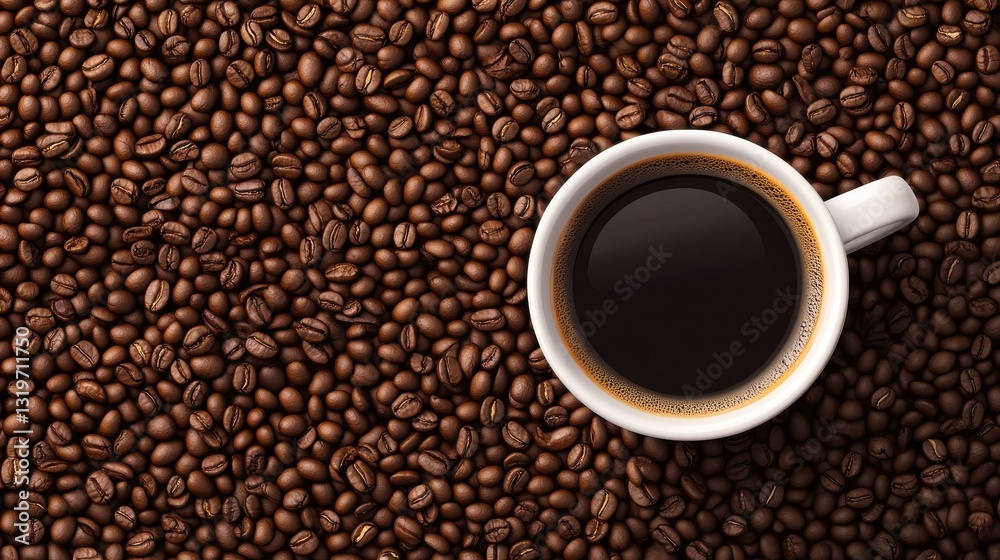 Coffee top view cup. Realistic cup and coffee beans banner template. Vector roasted beans background